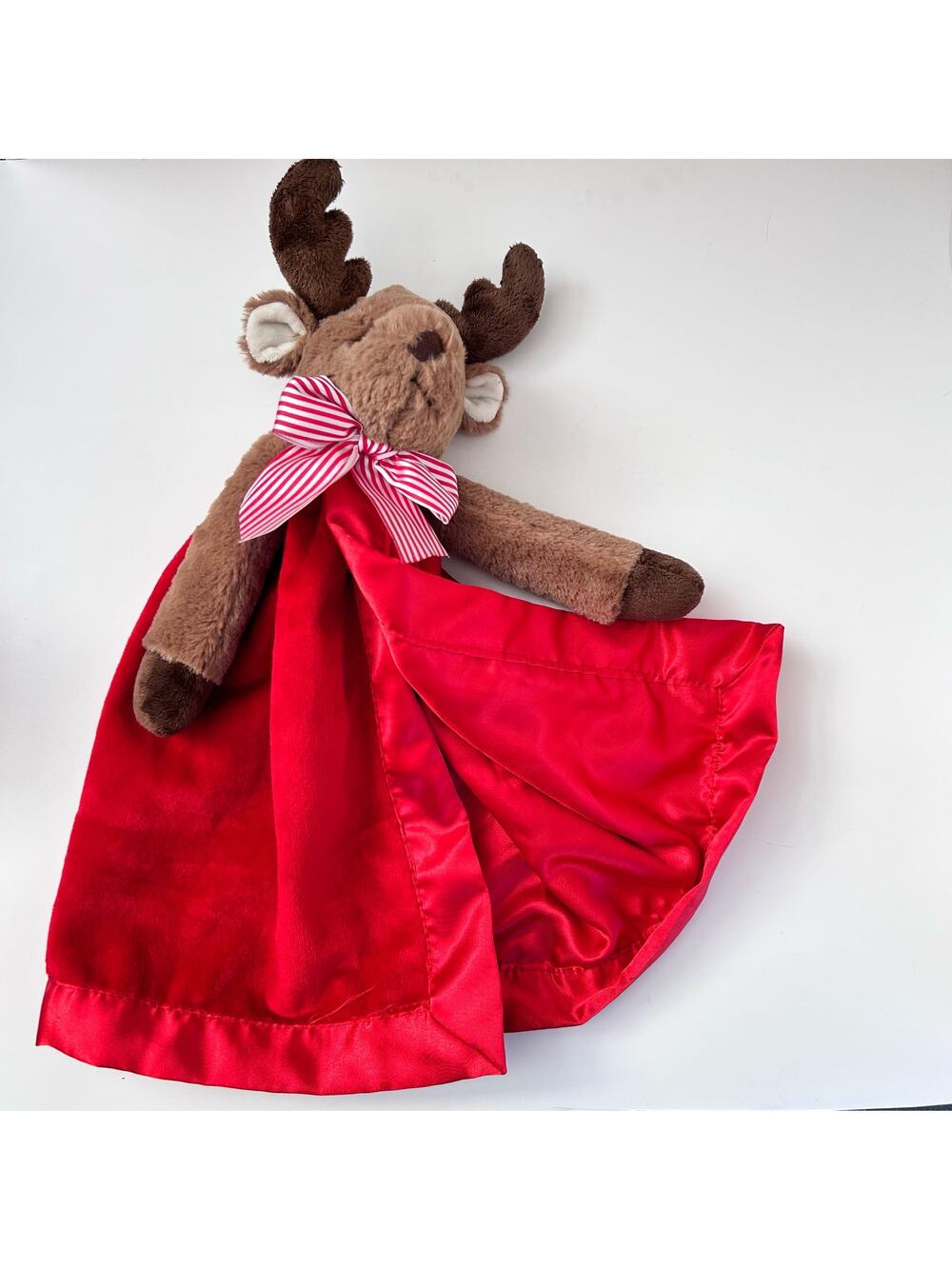 Bearington Baby Satin Red Security Blanket with Reindeer Christmas Plush